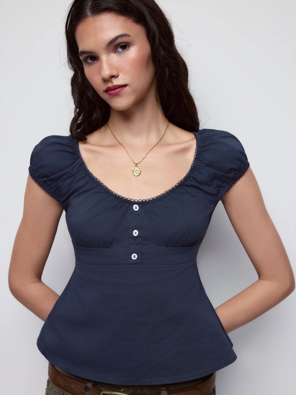 Cider Navy Short Sleeve Scoop Neck Peplum Top Cotton Blend